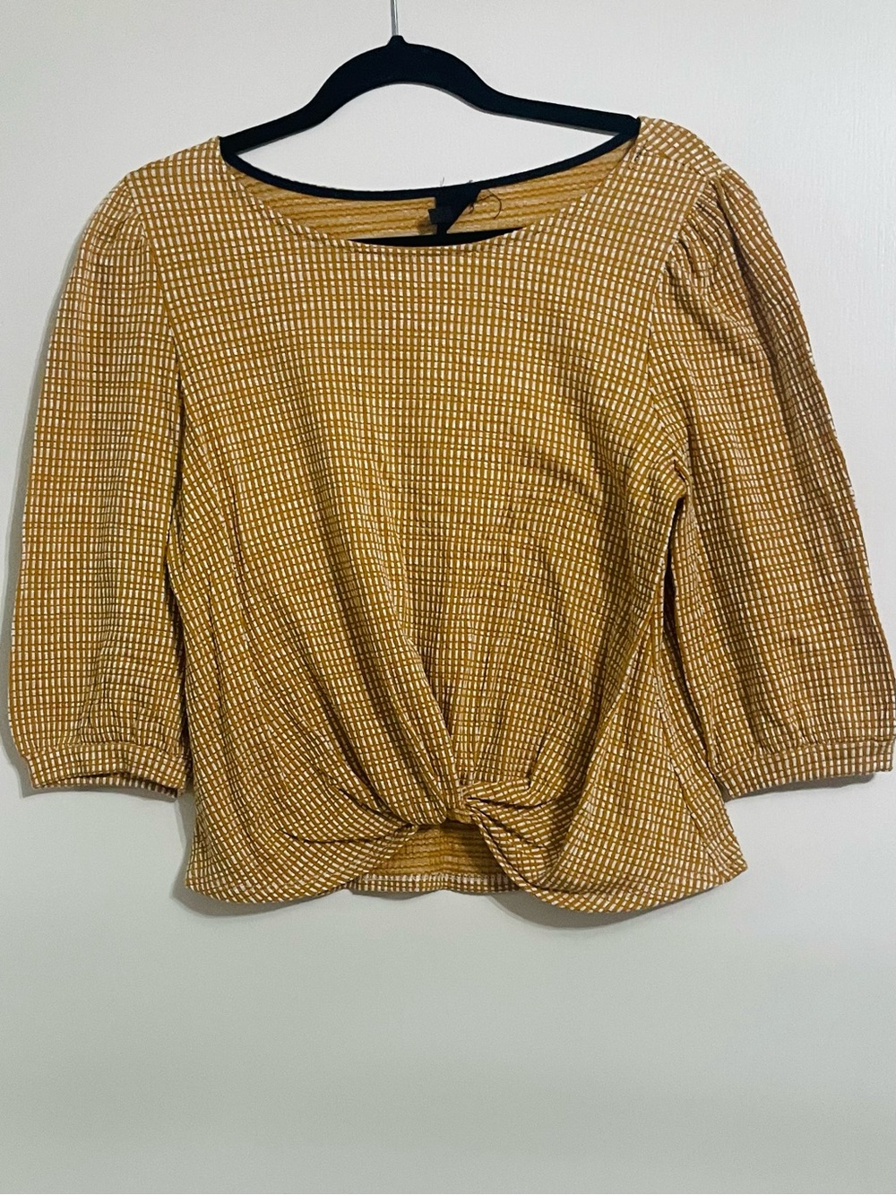 W5 Mustard Grid Twist-Front Puff Sleeve Blouse
